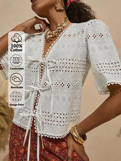 Bóhologie Women Solid Color Embroidery Detailed Tie Front Half Sleeve Blouse