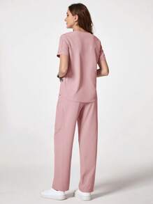 TaskEZ Solid Color V-Neck Short Sleeve T-Shirt And Pants Scrub Uniform Set - Baby Pink - View 2