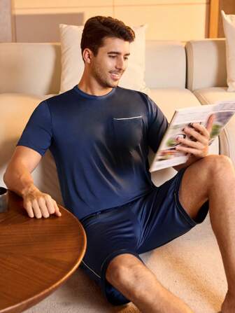 Manfinity Underwear&Sleepwear Basics 男士胸袋短袖上衣和口袋短裤睡衣套装