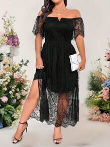 Cravure Vestido largo de manga corta con hombro descubierto, abertura y detalles calados con estampado floral para mujer talla grande - Negro - Ver 6