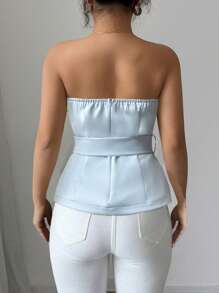 Chiquease Elegantes Damen Bandeau Top mit Blumenmuster und Bindedetail - Blau - Übersicht 2