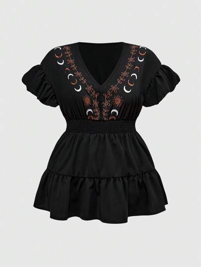 Goth Top court évasé en style bohème pour femmes avec broderie d'étoiles et de vignes, taille haute noire