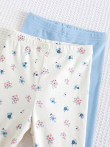 Cozy Pixies 2pcs/Set Baby Girl Ditsy Floral Knitted Soft Elastic Waist Leggings - Blue - View 7