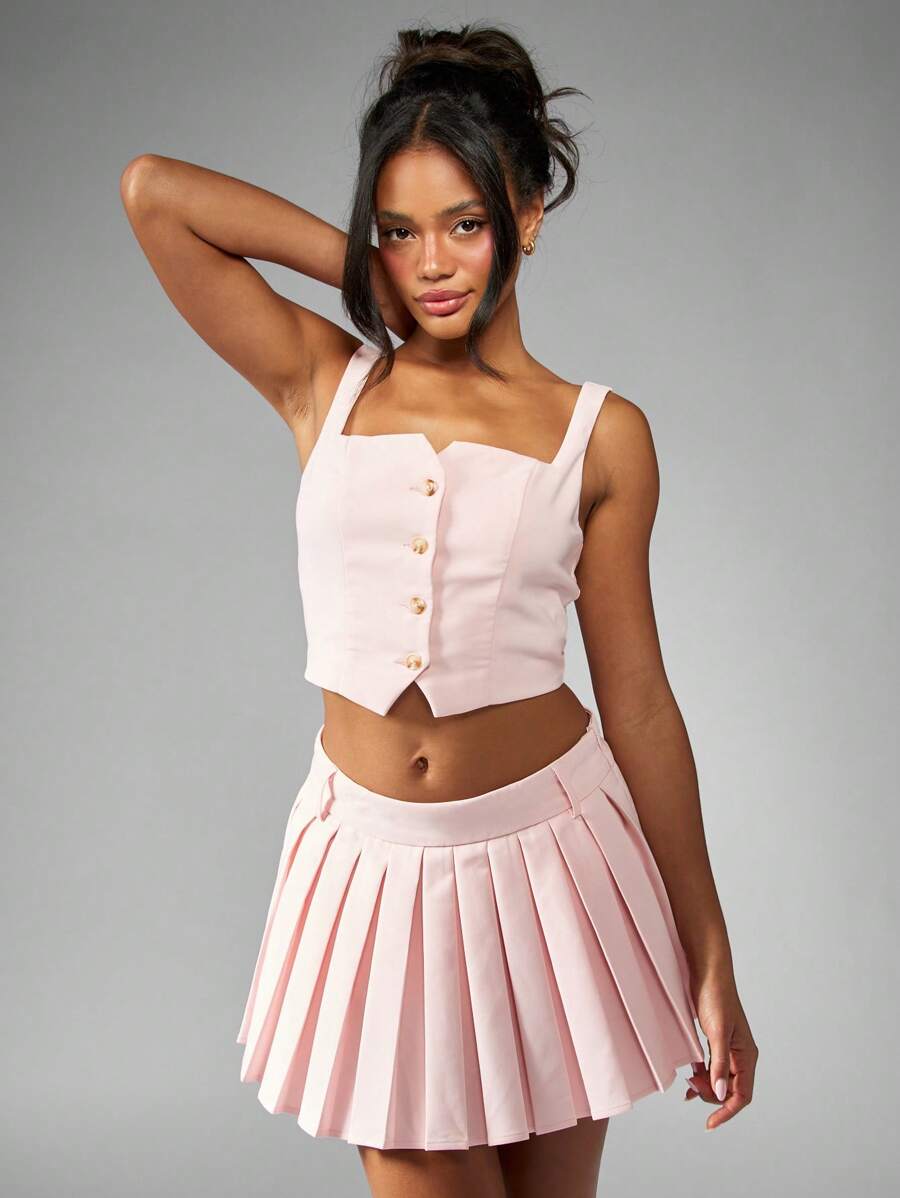 MISSGUIDED Retro Preppy Two Piece Pleated Tennis Skirt Set With Button Front Corset Top And High Waist Mini Skirt For Summer Dance Party Cheer - Pink - View 1