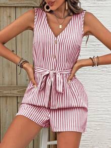 SHEIN LUNE Mono informal de verano para mujer con botones, manga sin mangas y media abertura a rayas - Rojo - Ver 4