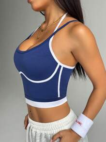 SHEIN Velisys Top deportivo de corte sencillo con cuello de halter y detalles a color, ideal para uso casual y actividad física diaria - Azul Marino - Ver 6