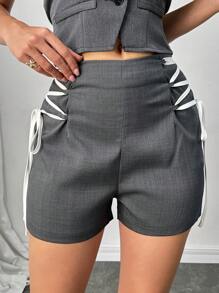 Modelyn Pantalones cortos casuales con diseño de atado lateral para mujer, primavera/verano - Gris Oscuro - Ver 6
