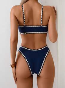 Swim Basics 2 件可调节肩带纯色贝壳边低腰三角比基尼套装，女士夏季沙滩泳装 - 藏蓝色 - 查看 3