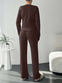 SHEIN Cottnline 100%Cotton Solid Tee & Drawstring Waist Pants - Brown - View 2