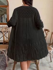 EMERY ROSE Plus Size Women Hollow-Out Long Sleeve Maxi Cardigan, Lightweight, Suitable For Vacation, Party And Daily Commute, Spring/Summer - Black - View 3