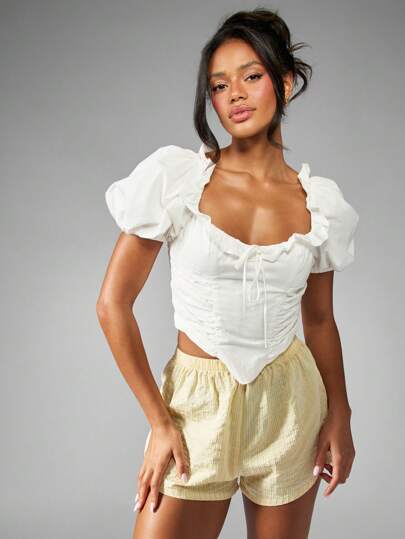 MISSGUIDED Ruched Corset Puff Sleeve Square Neck Slim Fit Crop Top