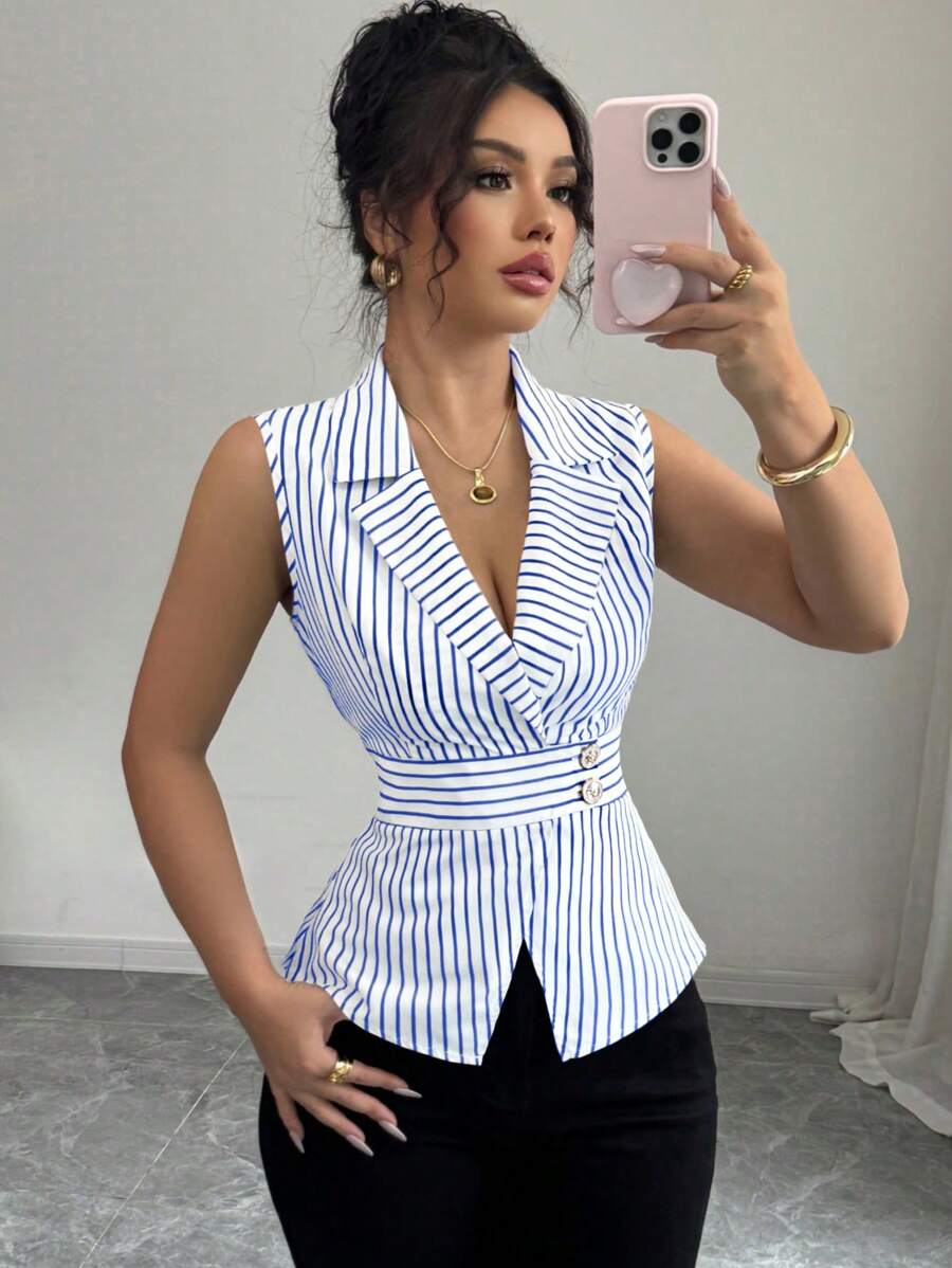 Elenzga 女士条纹束腰荷叶边下摆衬衫 - 彩色 - 查看 1