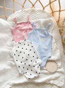 3pcs/Set Newborn Baby Girl Summer Cute Knitted Plaid & Floral Print Bodysuit Outfit - Multicolor - View 2