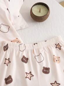 SHEIN Leap Crew Tween 女童休闲图案印花短袖和短裤两件套柔软阻燃睡衣套装，夏季 - 米色 - 查看 6