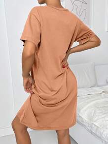 SHEIN Cottnline Áo ngủ cổ tròn tay ngắn in hình trái tim và họa tiết khẩu hiệu 100% Cotton - Màu Hồng  San hô - Xem 2