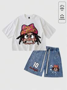 ROMWE MEN Street Life Conjunto de camiseta y pantalones cortos para hombre con estampado de retrato de dibujos animados - Azul y blanco - Ver 1