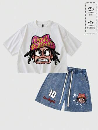 Street Life Conjunto de camiseta y pantalones cortos para hombre con estampado de retrato de dibujos animados