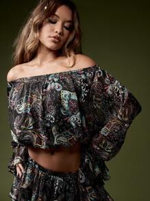 MISSGUIDED Blusa corta con hombros descubiertos, estampado de paisley bohemio, mangas abullonadas, para festivales, verano, playa, vacaciones, fiestas y eventos de noche - Multicolor - Ver 4