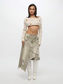 SUMWON WOMEN Top corto con mangas largas de ganchillo desgastado, suéter de punto deshilachado de moda para otoño e invierno, tejido suelto y ultracrópico, informal para uso diario