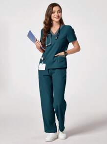 TaskEZ Color Block V-Neck Short Sleeve Top And Pants Scrub Uniform Set - Teal Blue - View 9