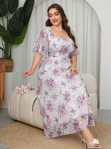 Modelyn Vestido Maxi Talla Grande con Escote Cuadrado, Estampado Floral, Mangas con Volantes y Cintura Ceñida, Elegante & Romántico, Primavera/Verano - Multicolor - Ver 7