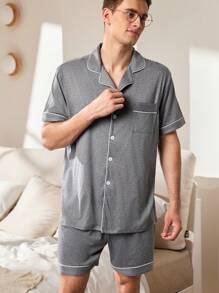 Provexi 2pcs Men's Contrast Color Trim Button Front Short Sleeve Top And Shorts Loungewear Set - Dark Grey - View 3