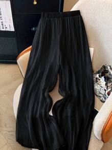 SHEIN PETITE 女款百搭紋理仿珍珠亮面垂墜長褲，春夏秋季女裝，適合小個女款 - 黑色 - 查看 4