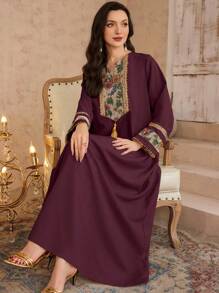 Al Najma Túnica con cinturón y estampado floral 3D y Vestido largo tradicional de Oriente Medio, para primavera/verano, modesto