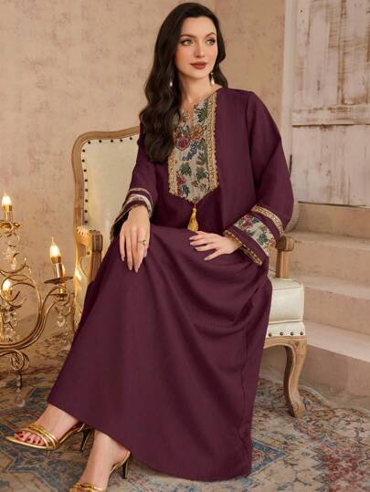 Al Najma Women's 3D Floral Belted Tunic &  Traditional Long Dress, Spring/Summer, Modest Kaftan Jalabiya Dress