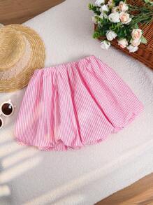 SHEIN Leap Crew Young Girl Woven Striped Flower Bud Hem Mini Skirt - Pink - View 2