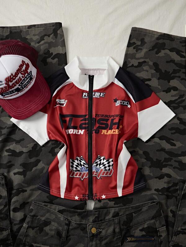 StreetHx Costum de motocicletă pentru femei, stil festival Y2K, cu guler înalt și fermoar frontal, mânecă raglan, imprimeu grafic de curse auto, tricou sport streetwear sexy, mulat pe corp, mânecă scurtă, roșu/negru/alb