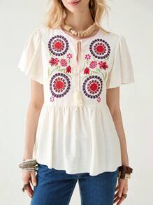 Florisole Women's Casual Loose V-Neck Retro Embroidered Ruffle Flare Sleeve Fringe Tie-Up Blouse, Spring/Summer Top - Apricot - View 5