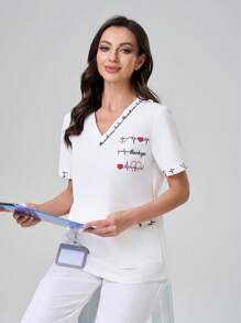 TaskEZ Kolorowy wiosenny i letni modny swobodny wielofunkcyjny wielokieszeniowy wygodny damski mundurek chirurgiczny, odpowiedni do szpitali, klinik i lecznic dla zwierząt, damski top z nadrukiem litery i serca, dekolt w serek, krótki rękaw, kieszeń, wielkanocny damski mundurek chirurgiczny
