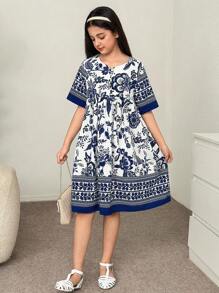 Vestido casual de vacaciones con cuello redondo y manga corta para niñas preadolescentes, suelto y cómodo