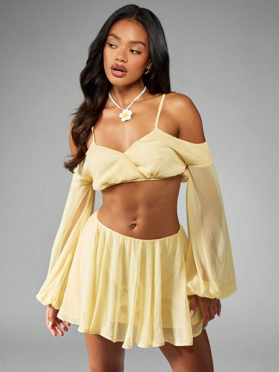 MISSGUIDED Two Piece Co Ord Set Off Shoulder Puff Sleeve Crop Top Mini Skirt Festival Summer Party Beach Resort Holiday Spring