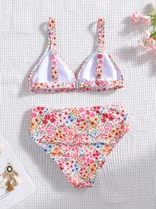 SHEIN Set Baju Renang Pantai untuk Anak Perempuan Remaja Motif Bunga Kecil Biru dengan Tali Tipis - MultiWarna - View 2