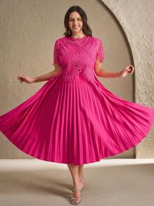Chikora Plus Size Elegant And Romantic Lace And Pleated Maxi Dress, Fashionable For Summer - Hot Pink - View 7