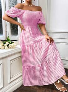 SHEIN LUNE Đầm Maxi Tay Ngắn Cổ Vuông Phồng Cho Nữ - Hồng - Xem 3