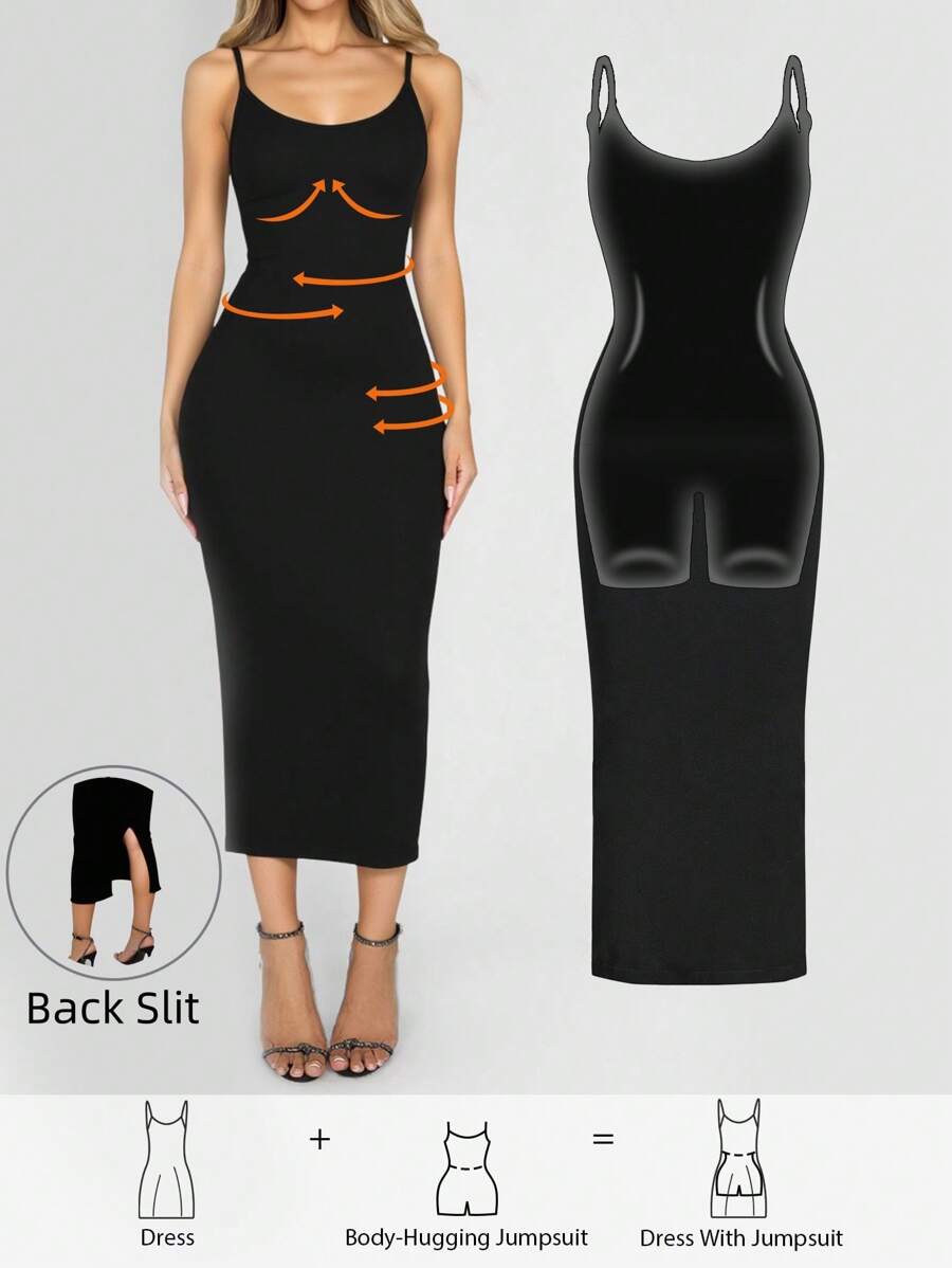 Sirith 无缝针织长款中长连衣裙，内置连身裤，黑色