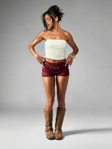 MISSGUIDED Tiered Ruffle Elastic Waist Textured High Rise Hot Pants Summer Festival Dance Club Party Shorts Pull On Fitted Mini Shorts For Women - Burgundy - View 5