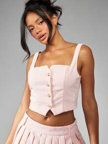 MISSGUIDED Retro Preppy Two Piece Pleated Tennis Skirt Set With Button Front Corset Top And High Waist Mini Skirt For Summer Dance Party Cheer - Pink - View 6
