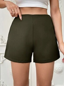 SHEIN Cottnline Women's Casual Solid Color Minimalist Side Pocket Shorts, Summer - Army Green - View 4