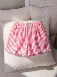 Woven Striped Letter Print Leisure Shorts - Pink - View 6