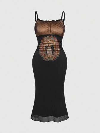Fairycore Women's Holy Mother Graphic Print Mesh Maxi Dress