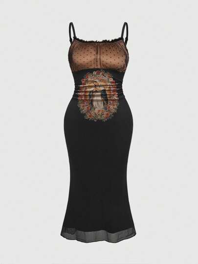 Fairycore Vestido largo de malla con estampado gráfico de la Santísima Madre para mujer