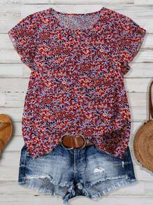 SHEIN LUNE Plus Size Summer Ditsy Floral Round Neck Ruffle Sleeve Vacation Shirt - Red Violet - View 1