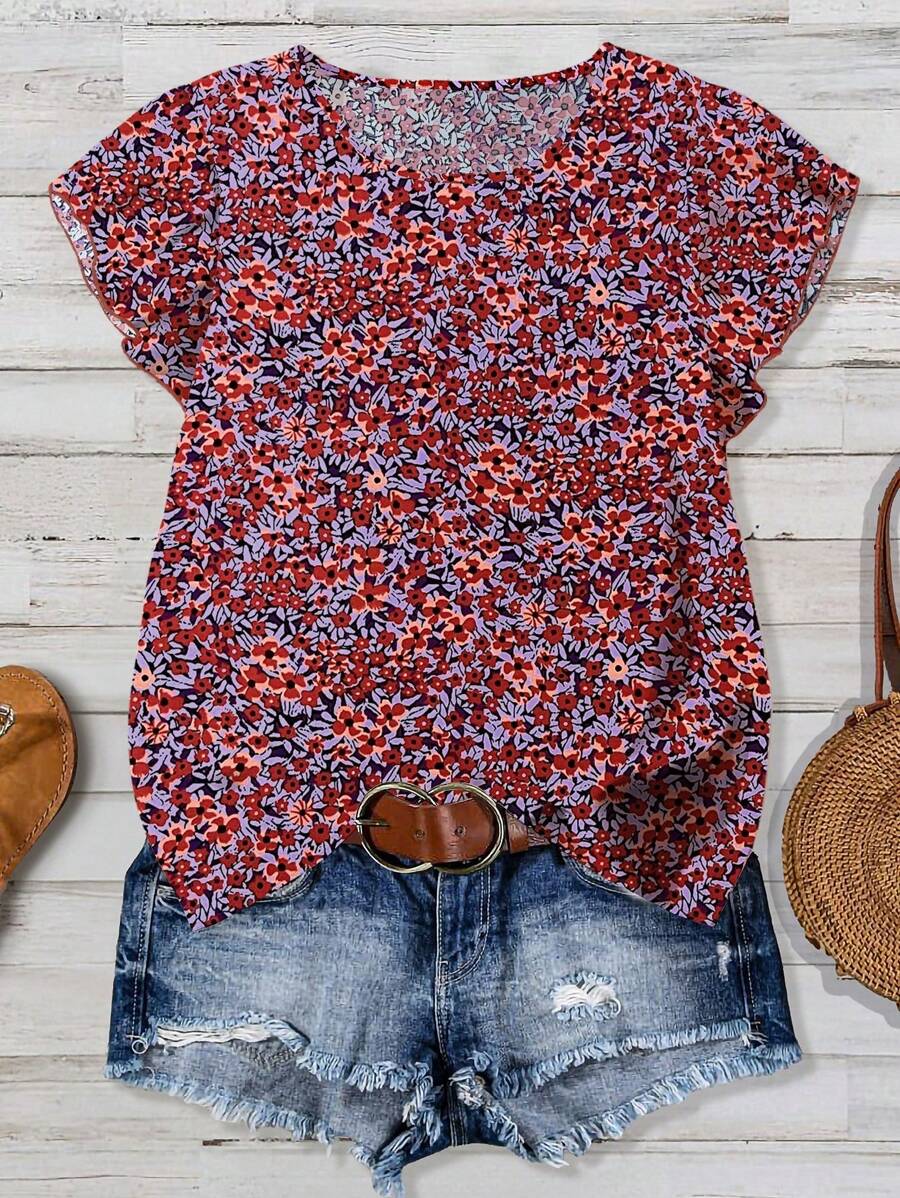 SHEIN LUNE Plus Size Summer Ditsy Floral Round Neck Ruffle Sleeve Vacation Shirt - Red Violet - View 1
