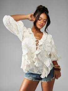 MISSGUIDED Boho Floral Chiffon Blouse Lace Up Front Ruffle Detail Puff Sleeve Evening Party Wedding Bridesmaid Spring Summer Feminine Top - White - View 7