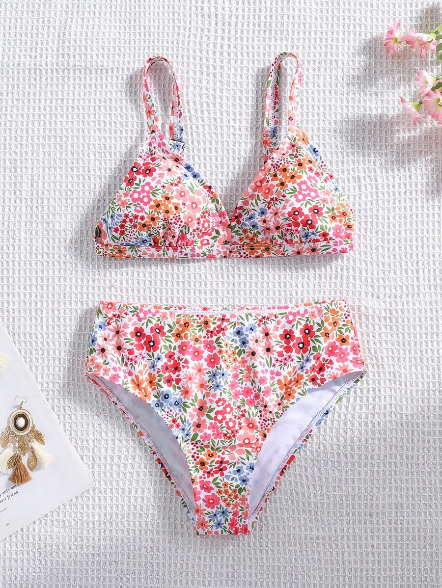 SHEIN Set Baju Renang Pantai untuk Anak Perempuan Remaja Motif Bunga Kecil Biru dengan Tali Tipis - MultiWarna - View 1