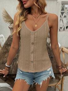 EMERY ROSE Women's Fashionable Hollow Out Jacquard Texture Bohemian Style Button Strap Tank Top - Khaki - View 5